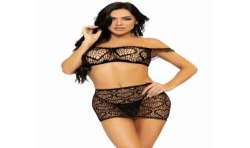 LEG AVENUE SET TRES PIEZAS TOP MINI FALDA Y TANGA TALLA UNICA NEGRO