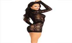 LEG AVENUE MINI VESTIDO DE ENCAJE CON MANGA LARGA NEGRO