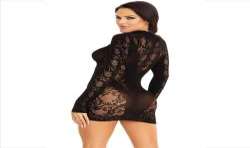 LEG AVENUE MINI VESTIDO DE ENCAJE CON MANGA LARGA NEGRO