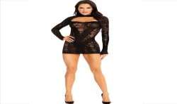 LEG AVENUE MINI VESTIDO DE ENCAJE CON MANGA LARGA NEGRO