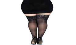 LEG AVENUE MEDIAS NEGRAS AUTOADHESIVAS CON ENCAJE ANCHO PLUS SIZE