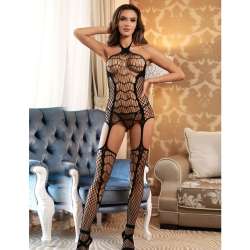 SUBBLIME 952105 BODYSTOCKING CROTCHLESS DE REJILLA CON CUELLO HALTER Y ESPALDA ABIERTA NEGRO TALLA aNICA