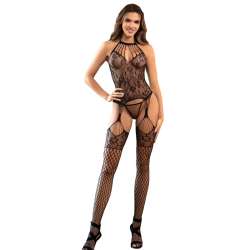 SUBBLIME 952136 BODYSTOCKING CROTCHLESS DE REJILLA CON DETALLES FLORALES Y CUELLO HALTER NEGRO TALLA aNICA