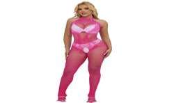 SUBBLIME 952389 BODYSTOCKING CROTCHLESS DE REJILLA Y ENCAJE CON CUELLO ALTO ROSA TALLA aNICA