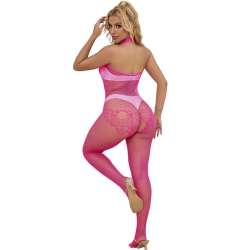 SUBBLIME 952389 BODYSTOCKING CROTCHLESS DE REJILLA Y ENCAJE CON CUELLO ALTO ROSA TALLA aNICA