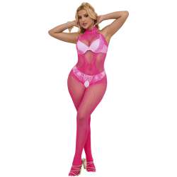 SUBBLIME 952389 BODYSTOCKING CROTCHLESS DE REJILLA Y ENCAJE CON CUELLO ALTO ROSA TALLA aNICA