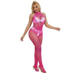 SUBBLIME 952389 BODYSTOCKING CROTCHLESS DE REJILLA Y ENCAJE CON CUELLO ALTO ROSA TALLA aNICA