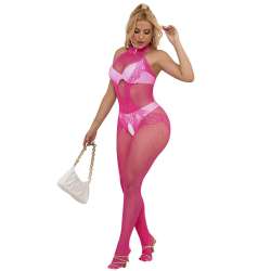SUBBLIME 952389 BODYSTOCKING CROTCHLESS DE REJILLA Y ENCAJE CON CUELLO ALTO ROSA TALLA aNICA