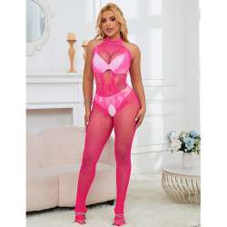 SUBBLIME 952389 BODYSTOCKING CROTCHLESS DE REJILLA Y ENCAJE CON CUELLO ALTO ROSA TALLA aNICA