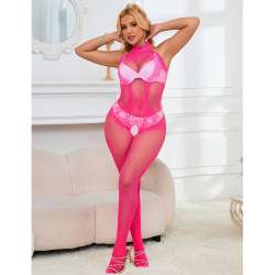 SUBBLIME 952389 BODYSTOCKING CROTCHLESS DE REJILLA Y ENCAJE CON CUELLO ALTO ROSA TALLA aNICA