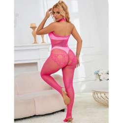 SUBBLIME 952389 BODYSTOCKING CROTCHLESS DE REJILLA Y ENCAJE CON CUELLO ALTO ROSA TALLA aNICA