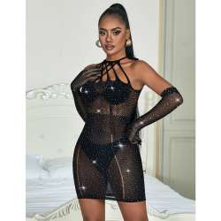 SUBBLIME 952235 BODYSTOCKING DE REJILLA CON BRILLANTES Y GUANTES NEGRO TALLA aNICA