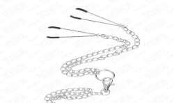 KINK ANILLO PENE TRIPLE METAL CROMADO 38 CM A 5 CM CON CADENA METAL 26 CM Y PINZAS PARA PEZONES MODELO 2