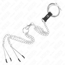 KINK ANILLO PENE TRIPLE METAL CROMADO 38 CM A 5 CM CON CADENA METAL 26 CM Y PINZAS PARA PEZONES MODELO 2