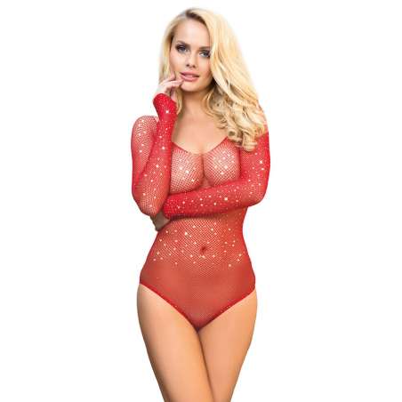 SUBBLIME 952303 BODYSTOCKING DE REJILLA BRILLANTE CON HOMBROS DESCUBIERTOS MANGA LARGA ROJO TALLA aNICA