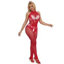 SUBBLIME 952372 BODYSTOCKING CROTCHLESS DE REJILLA Y ENCAJE CON CUELLO ALTO ROJO TALLA aNICA