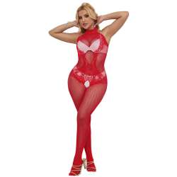 SUBBLIME 952372 BODYSTOCKING CROTCHLESS DE REJILLA Y ENCAJE CON CUELLO ALTO ROJO TALLA aNICA