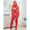 SUBBLIME 952372 BODYSTOCKING CROTCHLESS DE REJILLA Y ENCAJE CON CUELLO ALTO ROJO TALLA aNICA