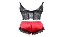 SUBBLIME 953966 CAMISaN INFORMAL DE SEDA PANTALaN ENCAJE NEGRO ROJO L XL