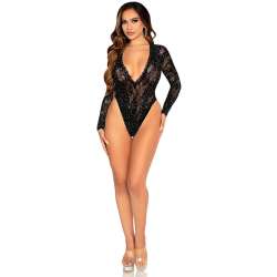 LEG AVENUE BODY DE ENCAJE Y MANGA LARGA CON DIAMANTES NEGRO TALLA aNICA