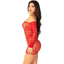 LEG AVENUE MINIVESTIDO DE REJILLA CON HOMBROS DESCUBIERTOS Y MANGA LARGA ROJO