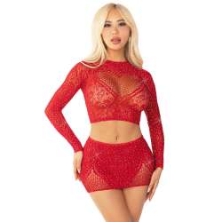 LEG AVENUE TOP FALDA DE REJILLA CON BRILLANTES ROJO