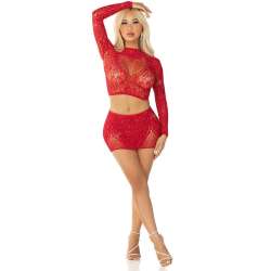 LEG AVENUE TOP FALDA DE REJILLA CON BRILLANTES ROJO