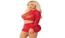 LEG AVENUE TOP FALDA DE REJILLA CON BRILLANTES ROJO