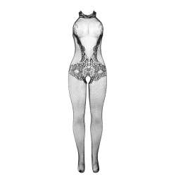 SUBBLIME 951801 BODYSTOCKING CROTCHLESS DE REJILLA Y ENCAJE CON CUELLO ALTO NEGRO TALLA aNICA