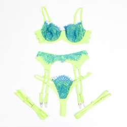 SUBBLIME 955328 SET SUJETADOR CON ENCAJE Y LIGUEROS VERDE Y AZUL L XL