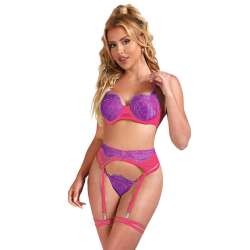 SUBBLIME 955359 SET SUJETADOR CON ENCAJE Y LIGUEROS ROSA Y MORADO S M