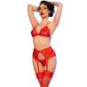 CHILIROSE CR 4848 SET SUJETADOR TANGA MEDIAS DE ENCAJE ROJO S