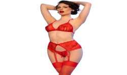 CHILIROSE CR 4848 SET SUJETADOR TANGA MEDIAS DE ENCAJE ROJO S