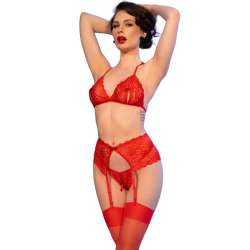 CHILIROSE CR 4848 SET SUJETADOR TANGA MEDIAS DE ENCAJE ROJO S