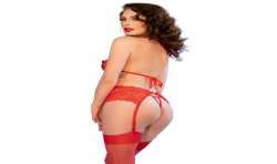 CHILIROSE CR 4848 SET SUJETADOR TANGA MEDIAS DE ENCAJE ROJO S