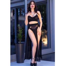 CHILIROSE CR 4672 TOP NEGRO FALDA Y TANGA CON CADENAS DORADAS S
