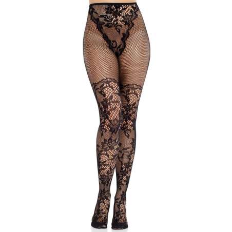 LEG AVENUE MEDIAS DE ENCAJE DAHLIA CON DETALLE DE RED NEGRO