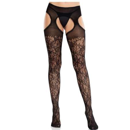 LEG AVENUE MEDIAS DE ENCAJE FLORAL CON LIGAS UNIDAS NEGRO