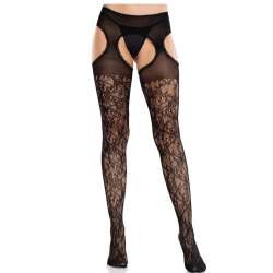 LEG AVENUE MEDIAS DE ENCAJE FLORAL CON LIGAS UNIDAS NEGRO