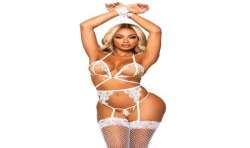 LEG AVENUE SET CUATRO PIEZAS SUJETADOR LIGUERO TANGA Y PUaOS TALLA aNICA BLANCO