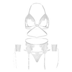 LEG AVENUE SET CUATRO PIEZAS SUJETADOR LIGUERO TANGA Y PUaOS TALLA aNICA BLANCO