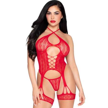 LEG AVENUE 89338 SET BODY ABIERTO CON LIGUERO TANGA DE ENCAJE ROJO TALLA aNICA