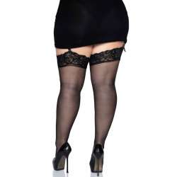 LEG AVENUE MEDIAS DE NYLON NEGRAS CON ENCAJE SUPERIOR PLUS